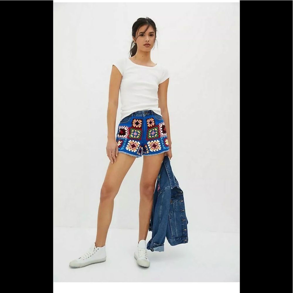 Farm Rio Anthropologie Denim Crochet Shorts NEW